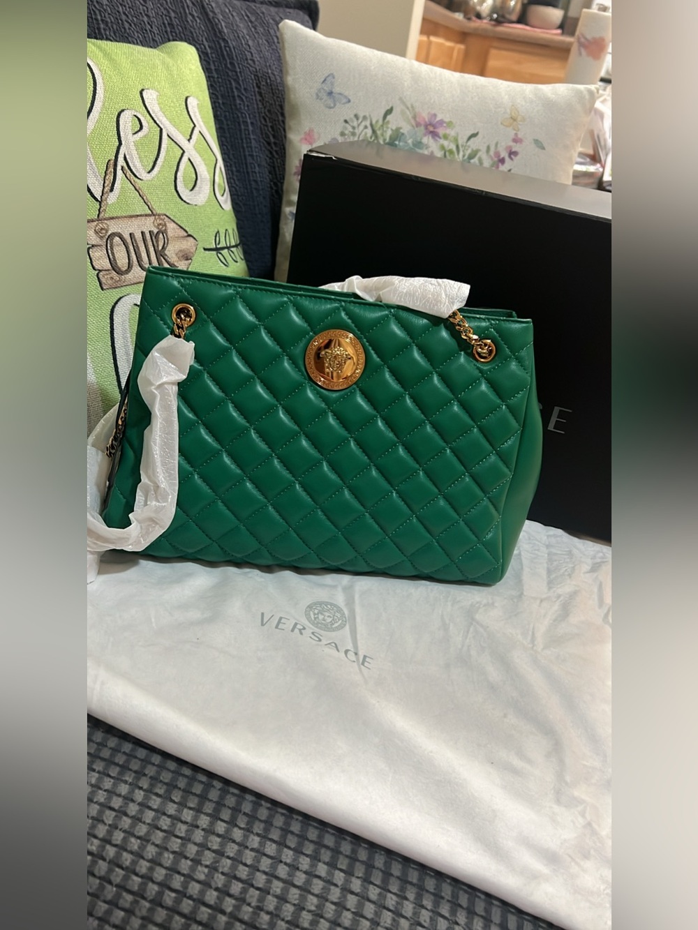 Versace Emerald Quilted Shoulder Bag with Gold Medusa Emblem